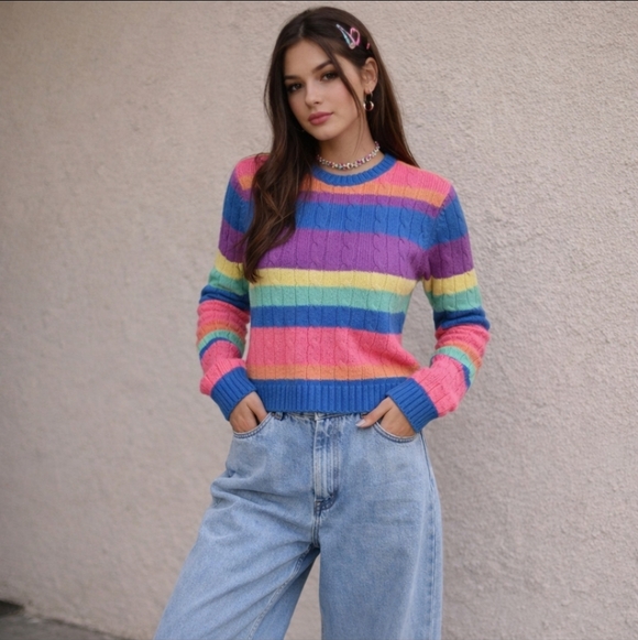 Talbots Sweaters - Vtg Talbots Rainbow Stripes Cable Knit Dopamine Whimsical Sweater Cotton Sz S